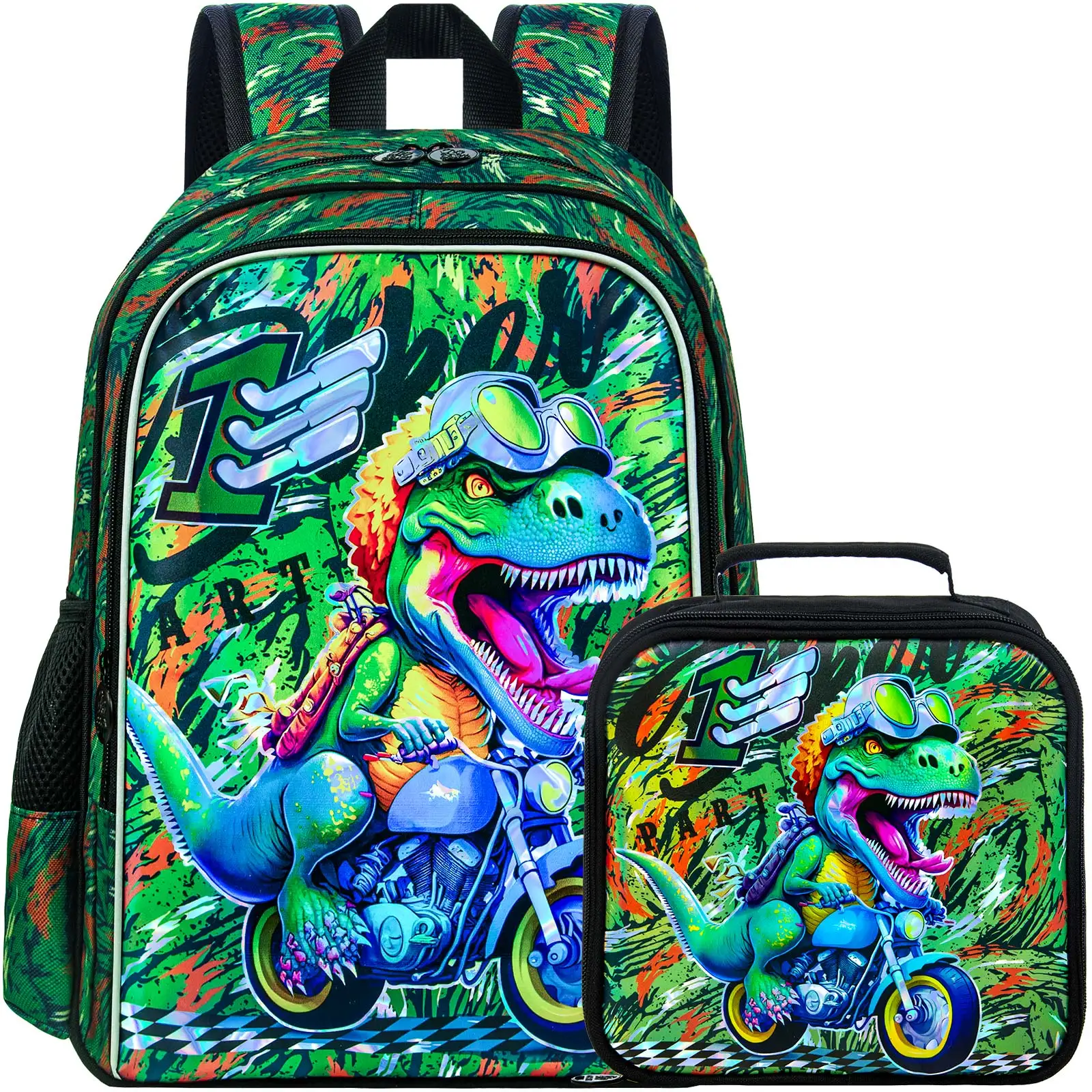 

3PCS Dinosaur Backpack for Boys, 16" Kids Bookbag and Lunch Box, Water Resistant Camouflage Preschool Backpacks for Elementary S
