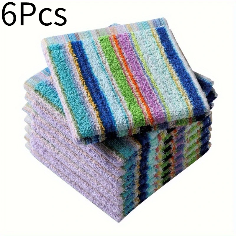 6 Pcs Space-Themed Face Towels Set Ultra-Soft Highly Absorbent Square Striped Knitted Cleaning Cloths with Hanging Loops for Kitchen & Home