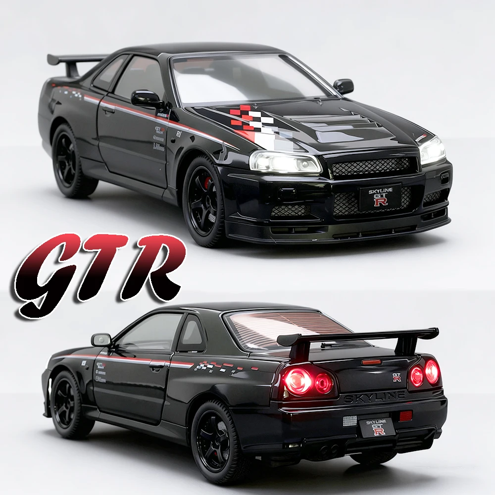 1:24 GTR SKYLINE modelo de supercoche de juguete aleación Diecast coches deportivos populares sonido luz puertas abiertas tirar hacia atrás niños regalos de navidad