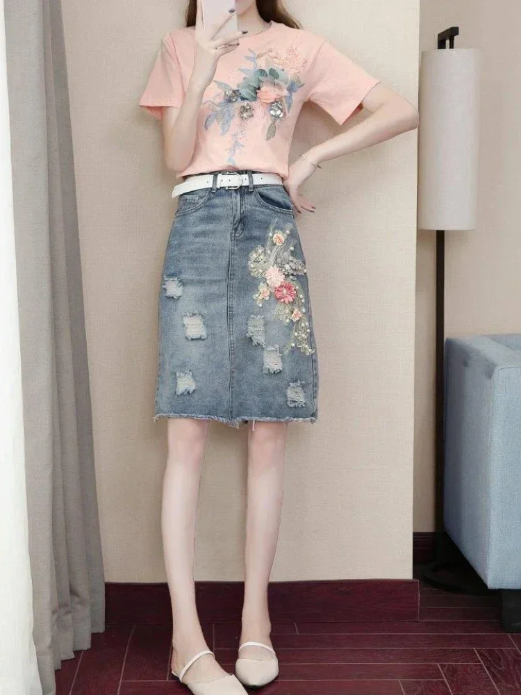 

Pop Cute Ripped Woman Denim Skirt Tight Midi To Knees Length Jeans Skirts For Women With Pocket Kawaii Wrap High Waist Cheap Cas