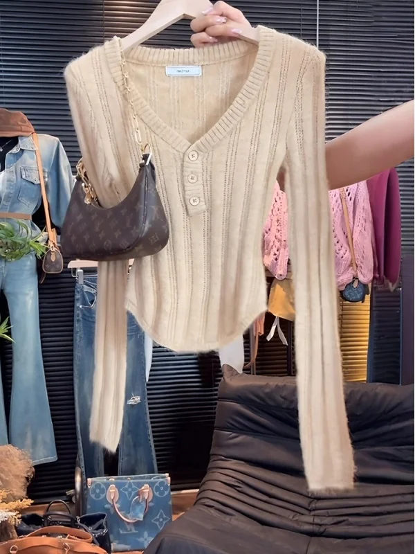 

Slim Fit Color Knitwear Long Sve Comfortable Korean Sle Women's Faionable Sweater Casual V-Ne Pullover Top