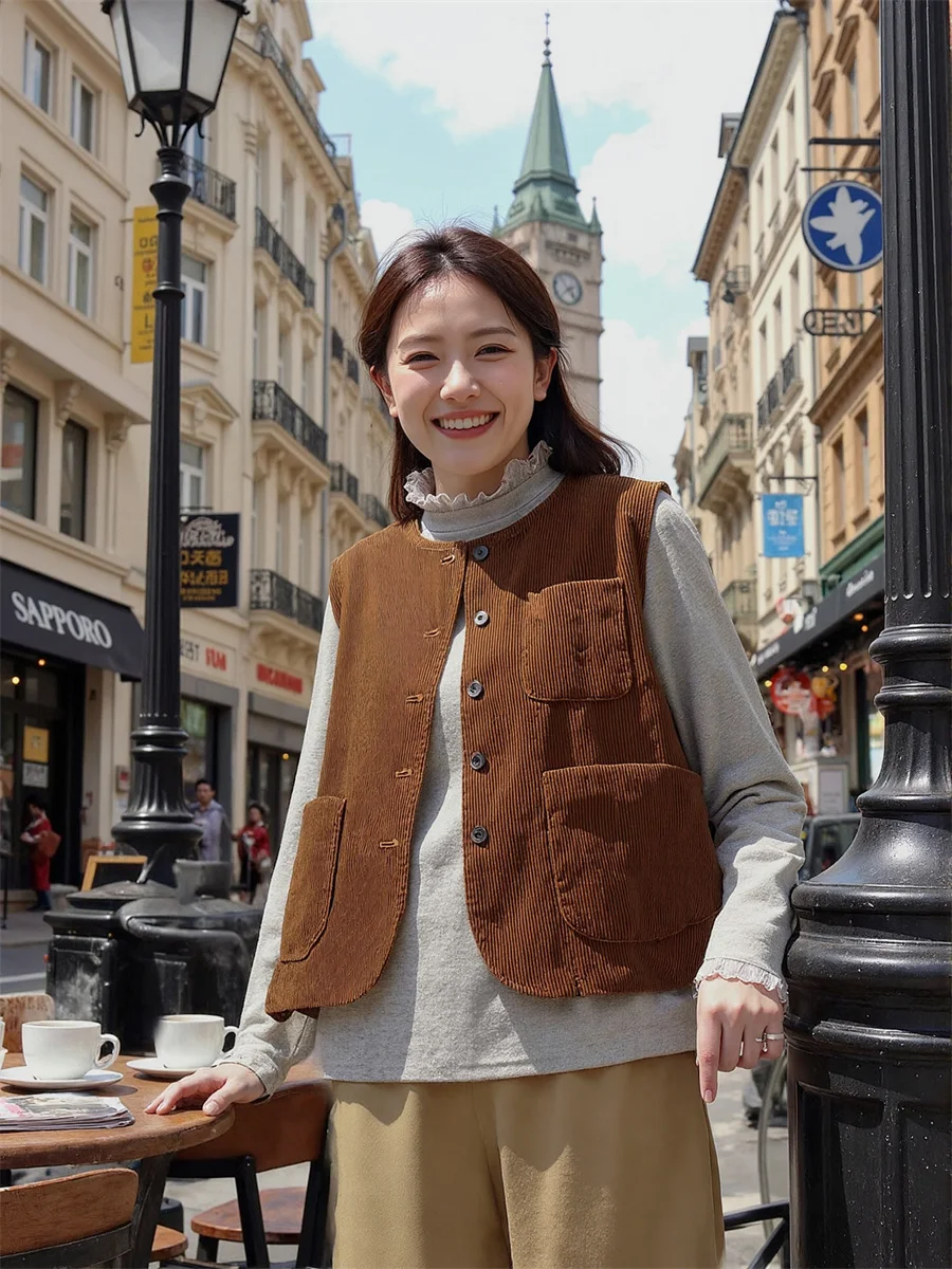 Damskie kamizelki oversize brązowe luźne jesienne grube w stylu old money eleganckie bez rękawów proste klasyczne wytworne modne damskie