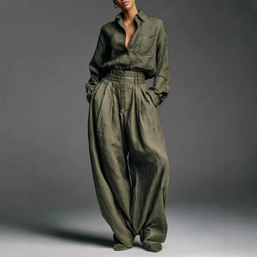 

Women's Winter Fashion Set Long Shirt Pants Two Cardigans Long Sleeves Simple Color Suitable for Students And Office Workers