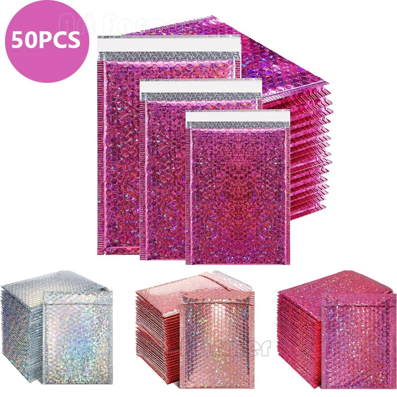 50 Stuks Holografische Mailer Laser Zilver Mailing Envelop Waterdichte Koerierstas Gewatteerde Bubble Enveloppen Verpakking Zak Voor Verzending