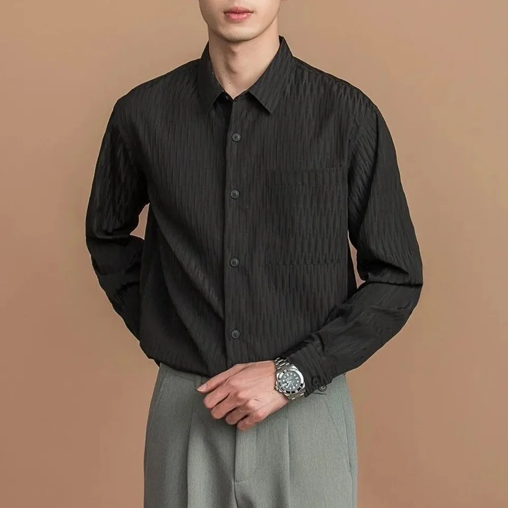 Mens Shirt Wrinkled Texture Casual Shirt British Elegant Business Commuting Temperament Solid Color Tops Men'S Clothing 2024