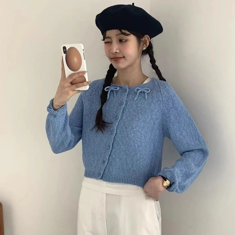 New Sweet Women Sweater Korean Bow Kawaii Female Casual Cardigan Autumn Preppy Style Skew Button O Neck Ladies Crop Tops