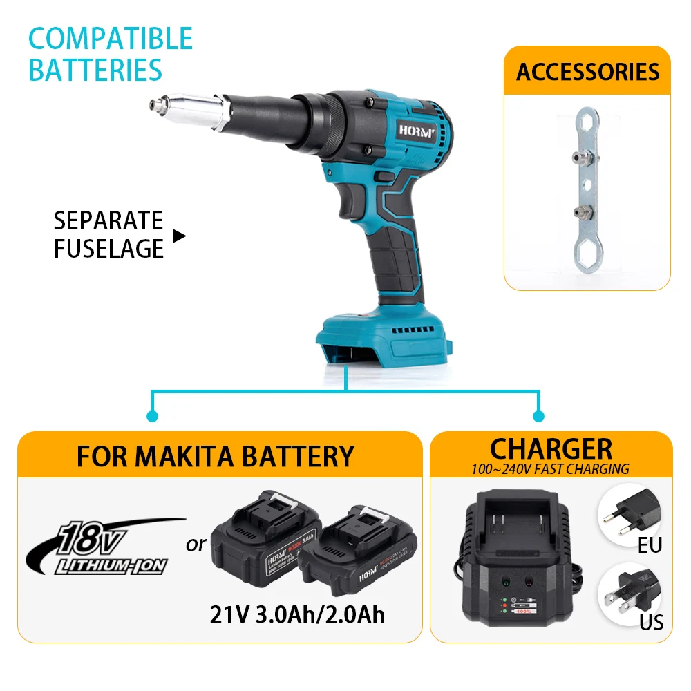 Hormy Pistola per rivetti elettrica senza spazzole 18V Pistola per dadi per rivetti a batteria LED Trapano per rivetti automatico Utensile elettrico ricaricabile per Makita Nessuna batteria