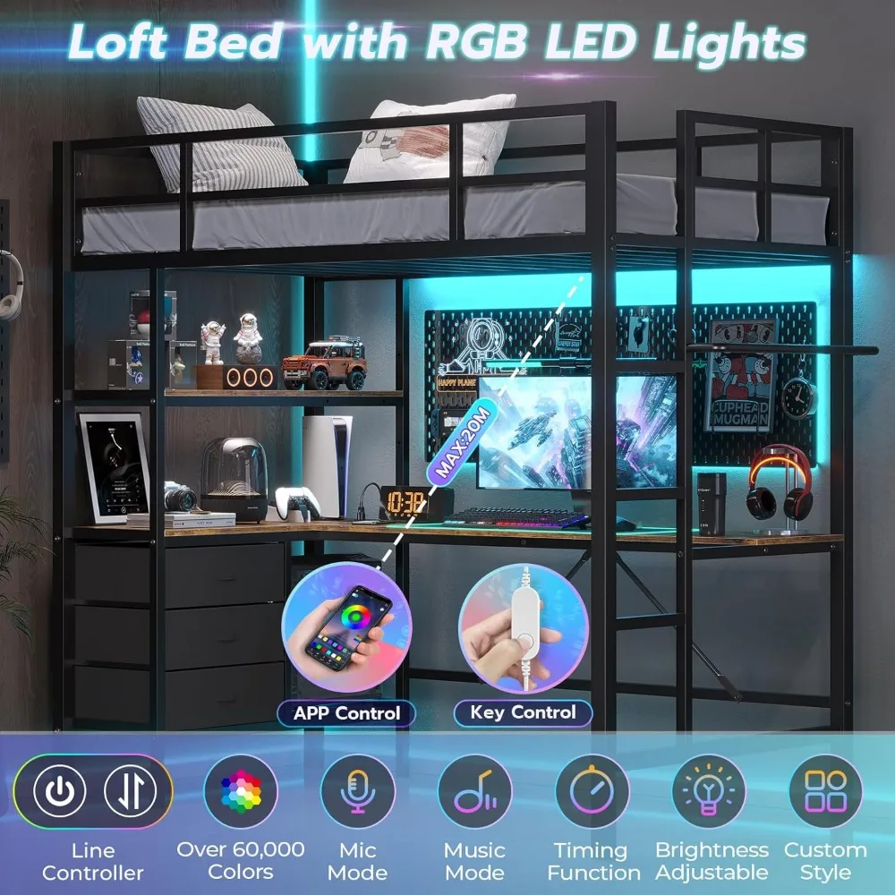 Cama Loft con luces LED de escritorio en forma de L, estación de carga, marco de cama, tamaño doble con 3 estantes de almacenamiento y 3 cajones de