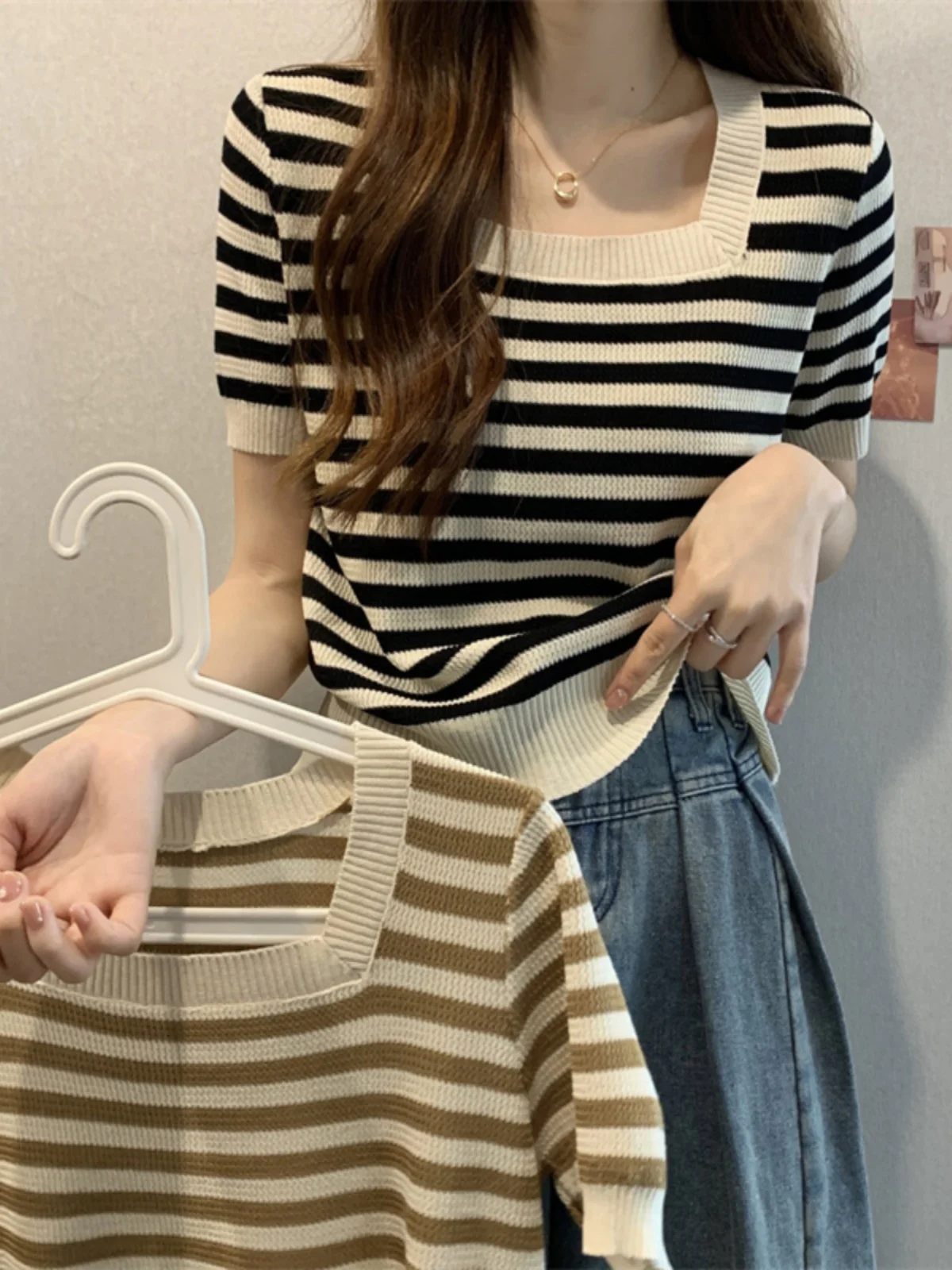 

plus Size Women's Striped Ice Silk Short Sleeve T-Shirt Summer Loose Slimming Square Collar Short Style Small Figure Top Thin