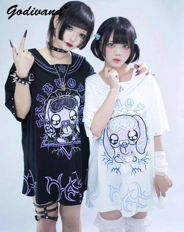 Subculture Harajuku Style Cute Embroidery Sailor Collar T-shirt New Summer Female Girls Short-sleeved Loose Tee Shirt Dress