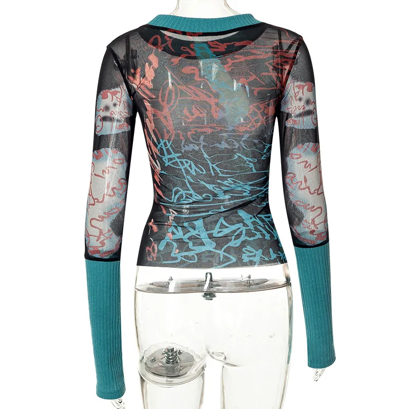 Drucken Y2k Zubehör Crop Top Frauen Kleidung Lange Ärmeln Grafik T Hemd Oansatz Gothic Ästhetischen T-shirt Pullover Ropa De Mujer – Detail 11