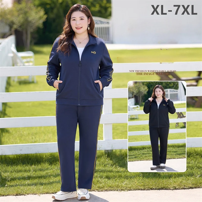 

Autumn Sports Sets Woomen 2 Pieces Fashion Stretched Plus Size 7XL 6XL Plus Size Female Black Blue Casual Coat Pants Clothes