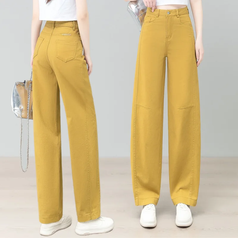 

Желтые широкие джинсы для женщин, осенний новый корейский стиль, высокая талия, чувство дизайна, драпированные, свободный крой, универсальные брюки Scimitar