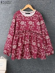 2025 Spring Lace O-neck Tops ZANZEA Women Floral Printed Blouse Holiday Long Sleeve Pleating Tunics Casual Loose Stitching Blusa