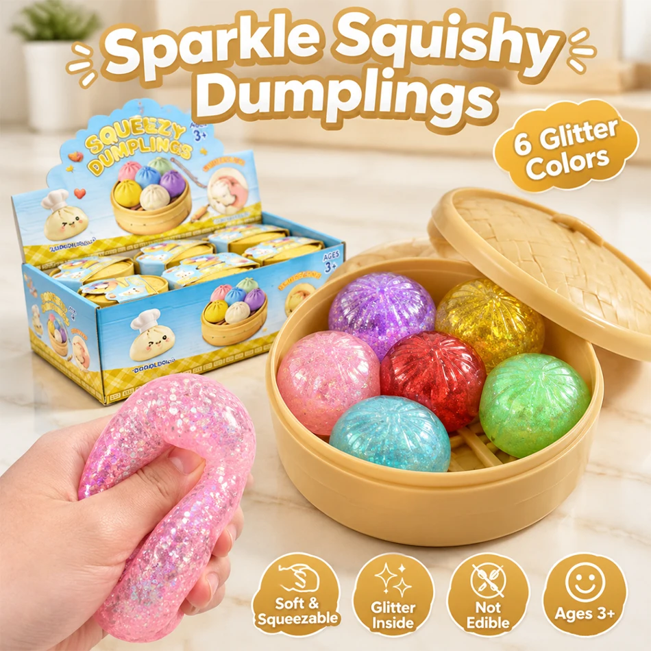 Hot Sale New Glitter Dumpling Squishy Steamer Basket Random Mix Sensory Fidget Decompression Squeeze Toy Slow Rebound TPR Ball