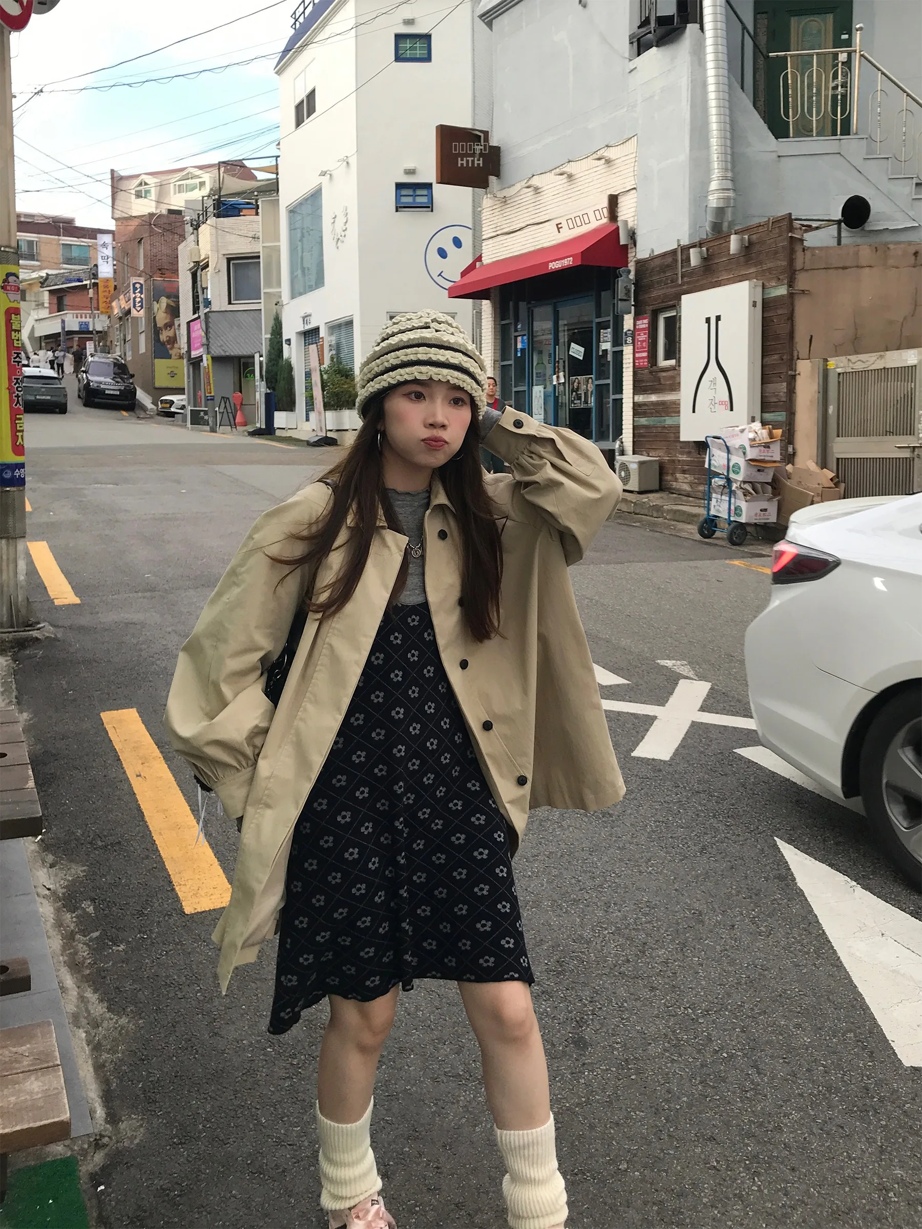 

Пальто Seoul Art Student Hi Hi Dry Cup в корейском ретро-стиле, оверсайз, средней длины, из других материалов, 100% хлопок, осень 2024