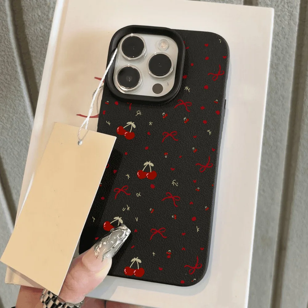 Cherry Phone Case For iPhone 11 Case iPhone 13 15 14 12 16 Pro Max 14 15 16 Plus Shockproof Soft Leather Cute Heart Bow Cover