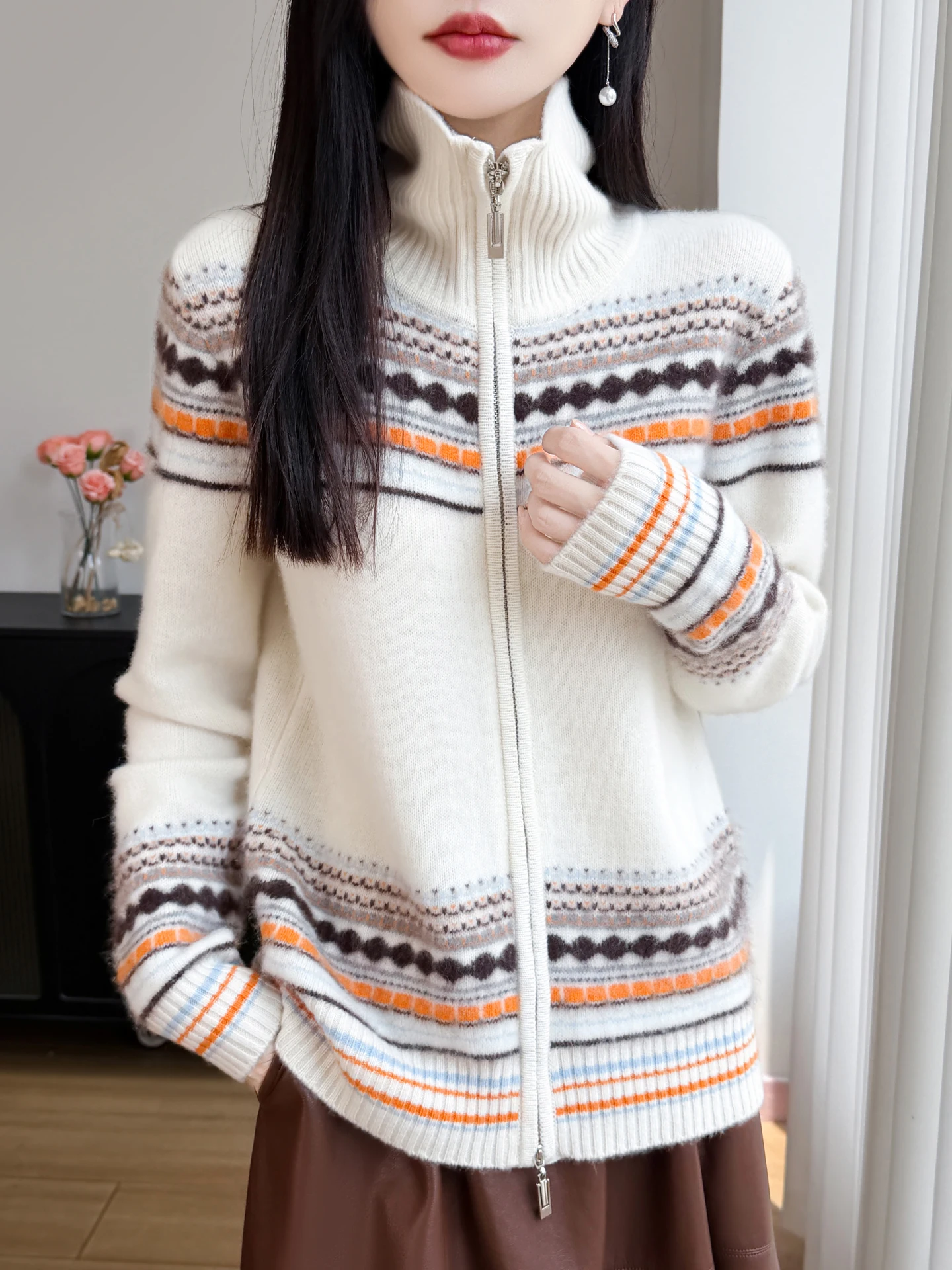 Merino 100% Wool Women's High Collar Zipper Cardigan Autumn Winter Thick Casual Fashion Cashmere Knit Sweater