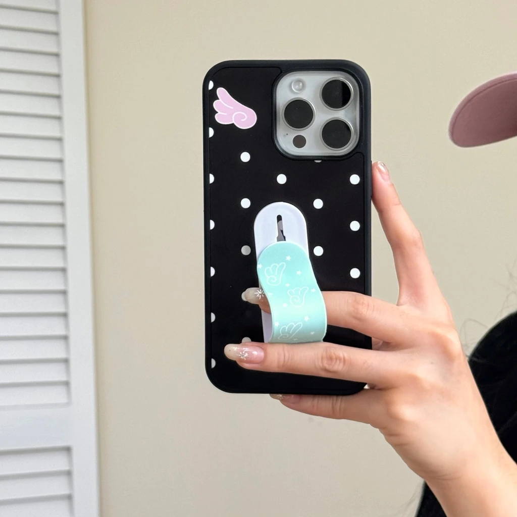 

Korean Style Simple Wave Point Wing Stars Telescoping Band Aid With Holder Phone Cover Case for iPhone 16 15 14 13 Pro Max