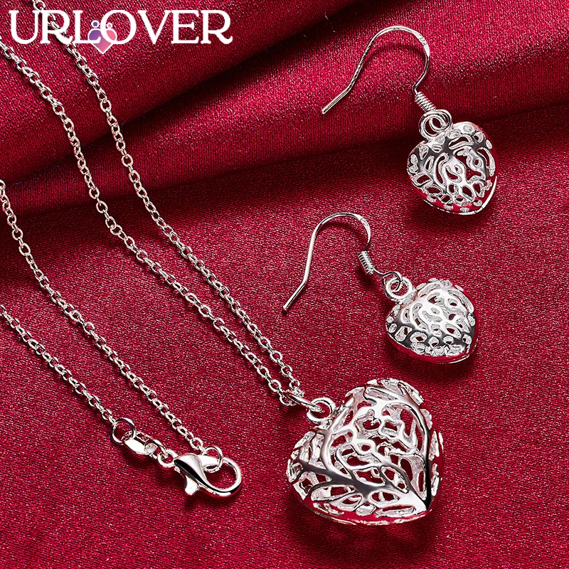

URLOVER 925 Sterling Silver Heart Hollow Necklace Earring Set For Woman Fashion Charm Party Wedding Jewelry Lady Birthday Gifts
