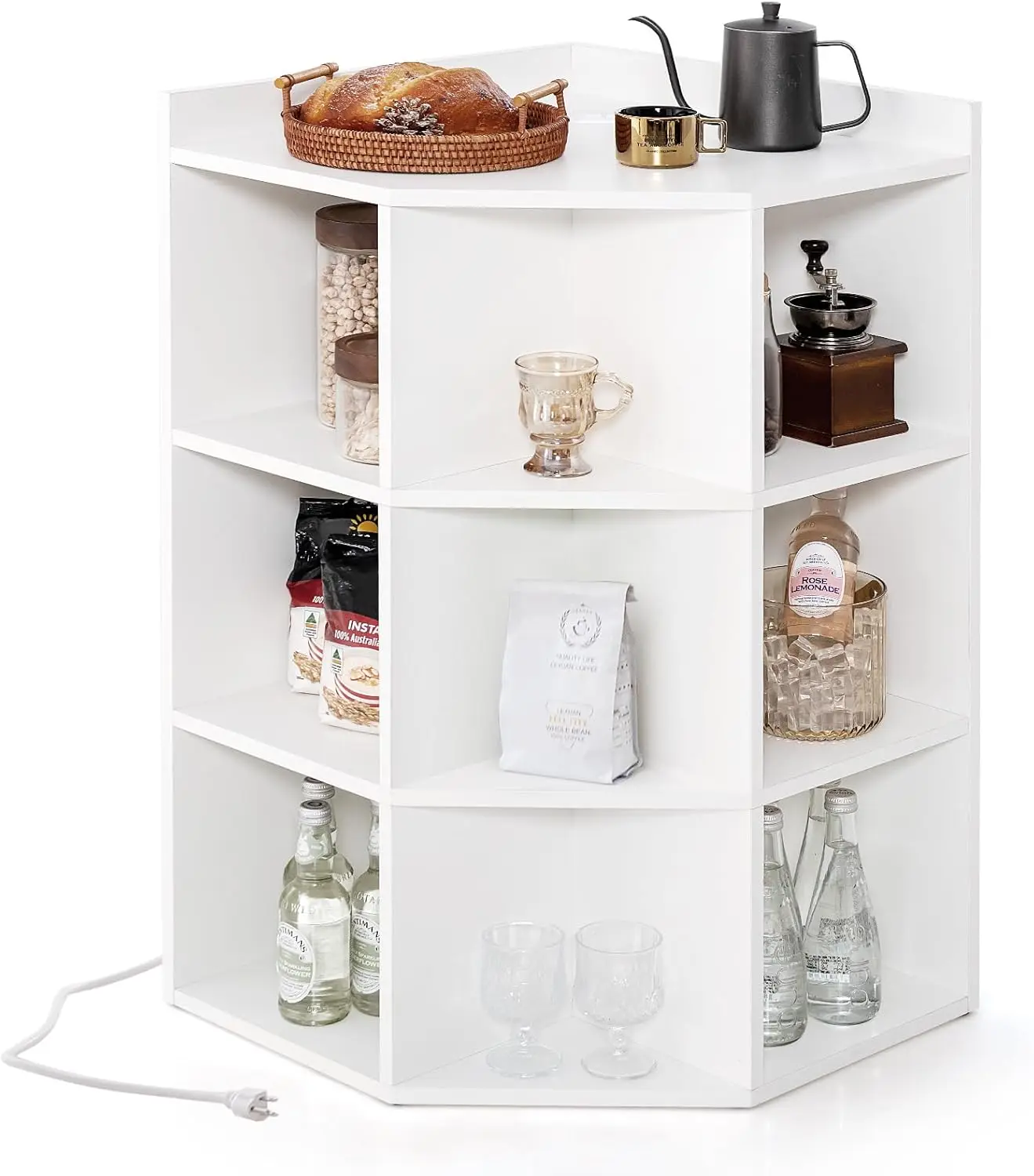 

3-х уровневый угловой шкаф с зарядной станцией, 9 кубиков, портами USB и Type-C, 4 розетки для хранения в гостиной