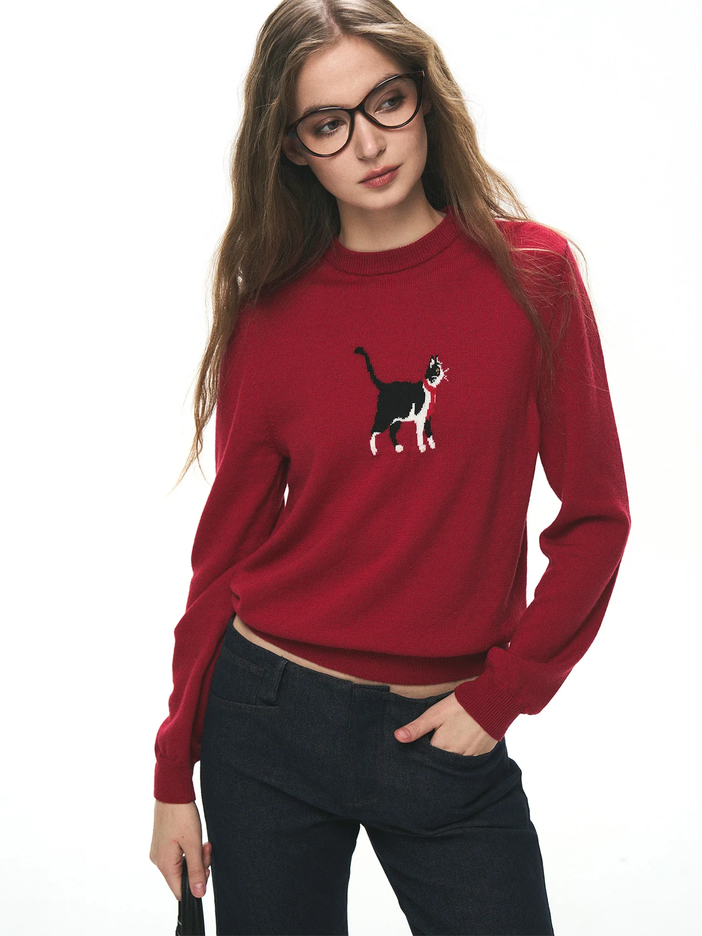 

Вязаный свитер из чистой шерсти, красный женский топ на голову, осень-зима, Новое поступление, модный топ Camere с геометрическим узором