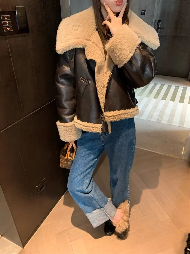 FTLZZ New Autumn Winter Women Loose Vintage Thick Warm Short Pu Coat Lady High Street Lapel Zipper Faux Leather Lamb Fur Jacket