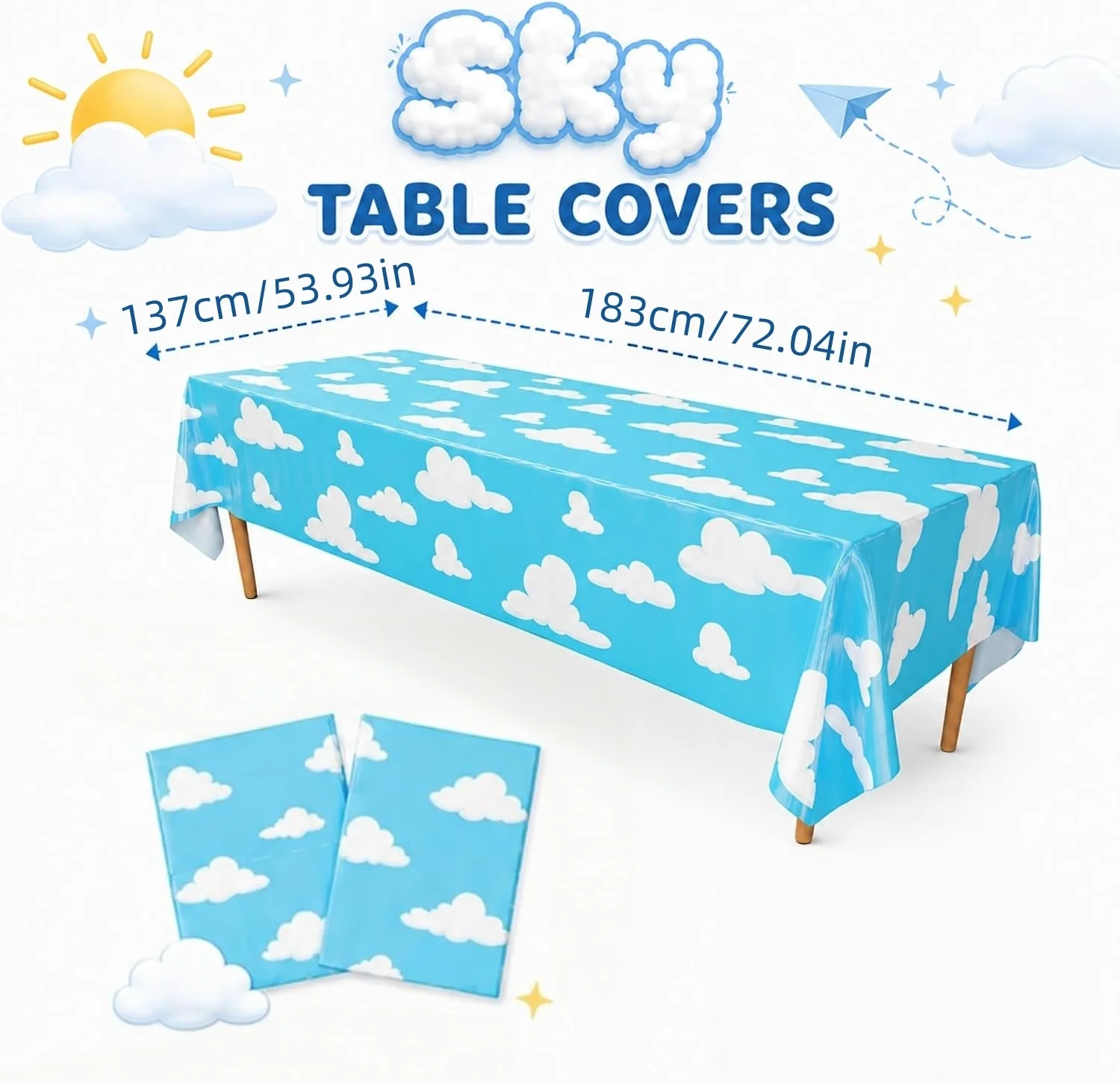Blue Cloud Sky Table Covers-  Plastic Tablecloth for Blue Sky Theme Birthday, Aviation Tablecover, Airplane & Aircraft Party Dec