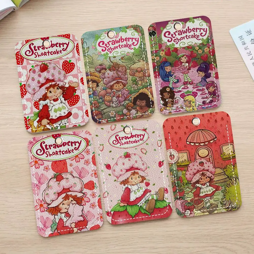 S-Strawberry-shortcake girl 1Pc PU Leather Card Holder Keychain Key Ring Door Lock Access Tags ID Card Case Keychain Card