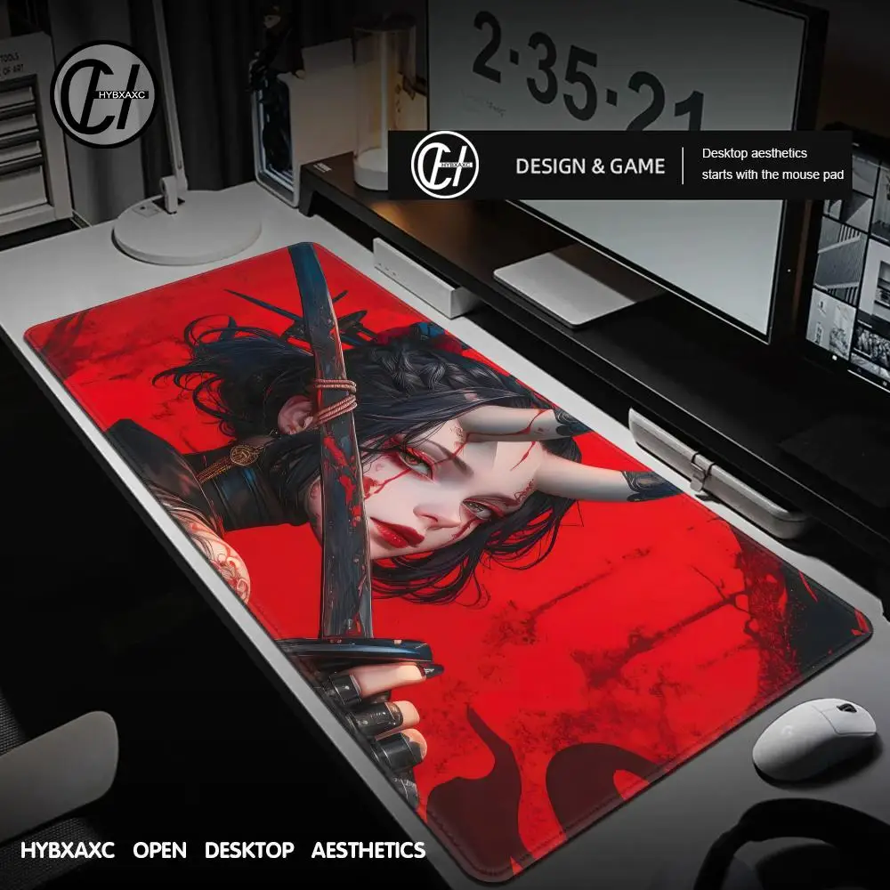

HYBXAXC Japanese Katana Game Mouse Pad Large Anime Red Girl Mousepsf Office Keyboard Pads PC Laptop Non-slip Desk mat Carpet