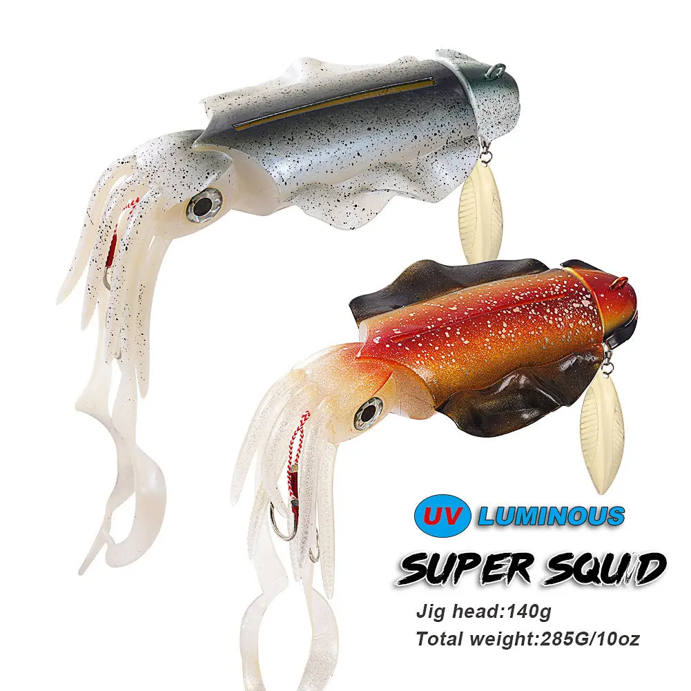 1pc 285g 3D Eyes UV Copper Head Octopus Squid Skirt Bait With Hook Trolling Lure  Big Game Drag Fishing Lure