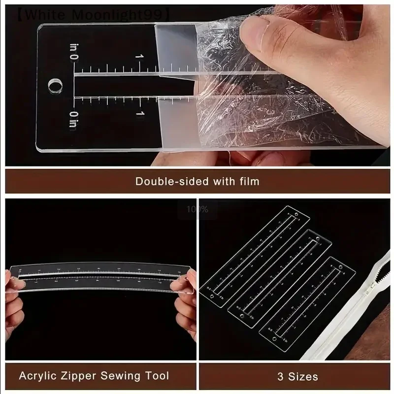 3pcs Acrylic Zipper Template Set Transparent Sewing Ruler For DIY Bag Pocket Crafting Quilting Patchwork Tools For Beginners