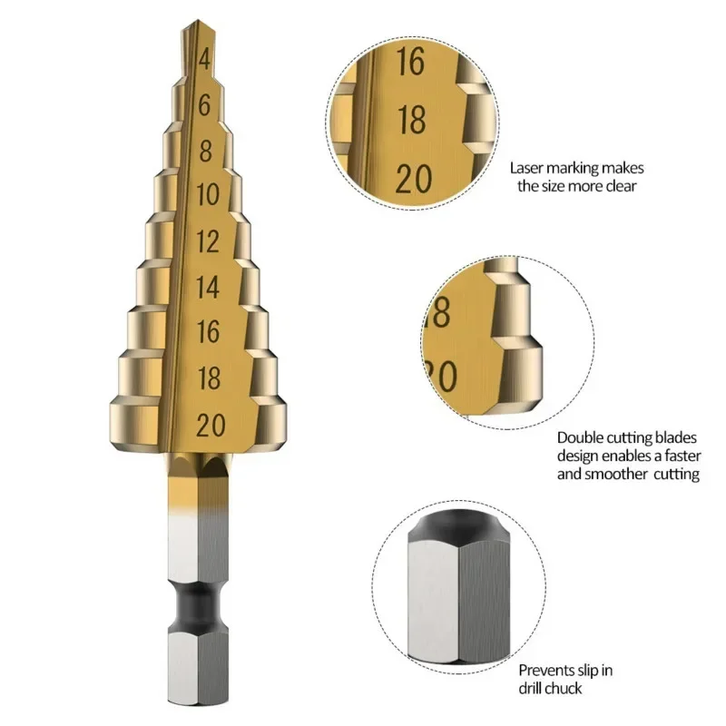 

5pcs HSS High Speed Step Drill Bit Cobalt Straight Slot Spriral Step Drill Bits for Metal Wood Hole Cutter Core 1/4-3/8 3/16-7/8