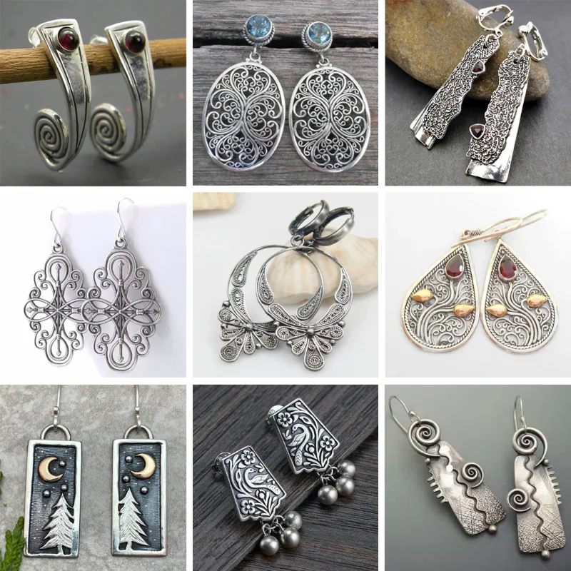 Vintage Ethnic Style Thai Silver Color Hollow Carved Earrings for Women Bohemian Creative Floral Party Vacation Jewelry