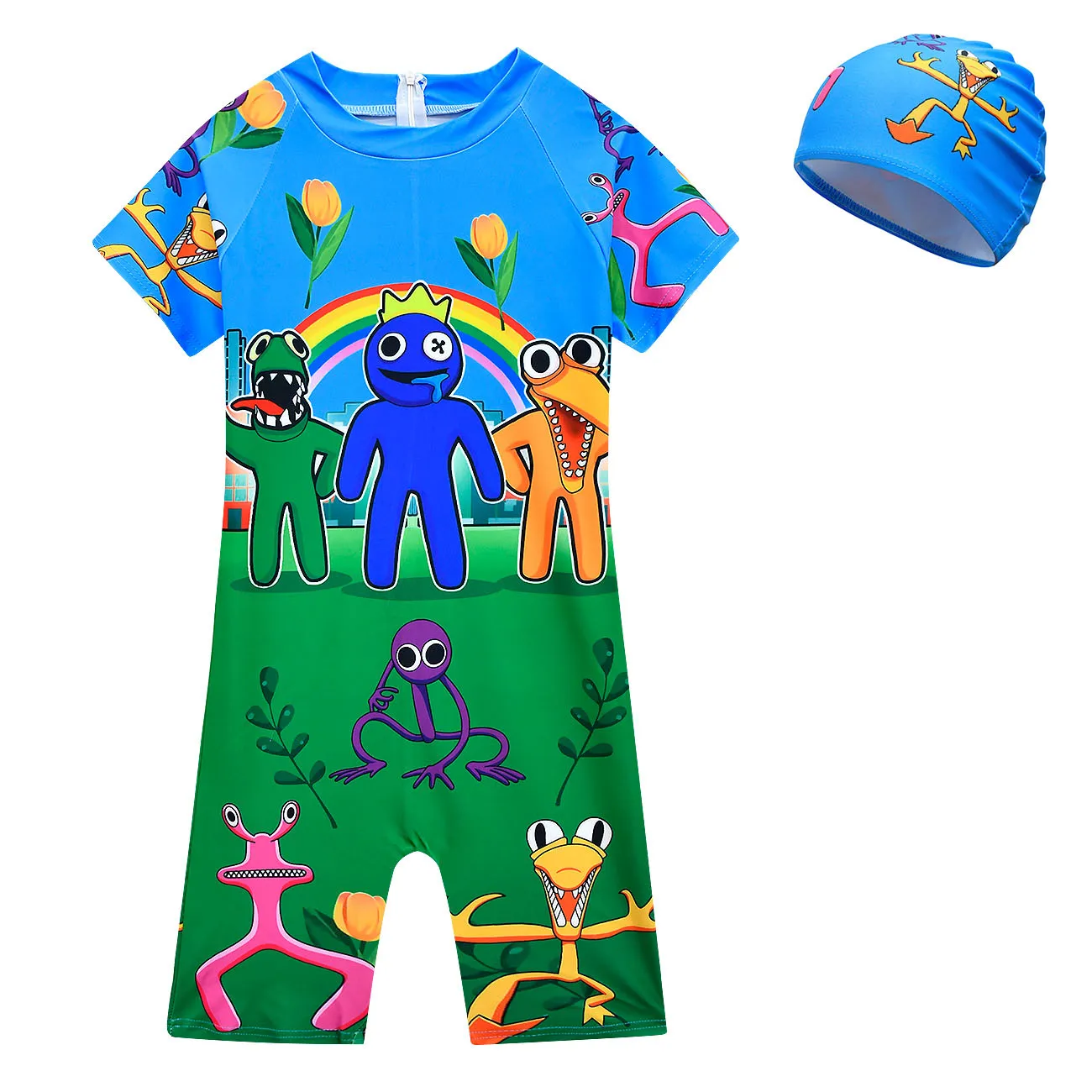 Kids Boys Rainbow Friends One Piece Swimsuit and Hats Sets Swimwear Cartoon Print Beachwear Children Fancy Holiday Bathing Suit