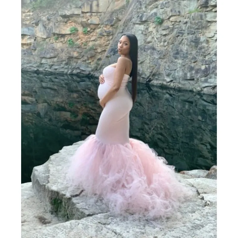 Abito premaman a sirena in tulle - Abito da servizio fotografico aderente senza spalline per baby shower e fotografia di gravidanza vestido maternidad