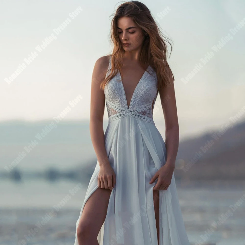 Vestidos De Novia con estampado De encaje para mujer, Vestidos De Novia De línea a, escote en V profundo, escote en forma De corazón romántico, apliques brillantes, Sexy