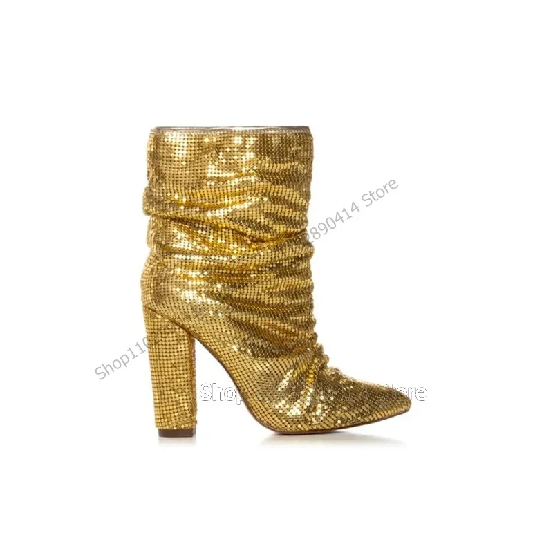 Paillettes dorées décor mi-mollet bout pointu bottes sans lacet femmes chaussures gros talons hauts roman mode fête 2023 Zapatos Para Mujere