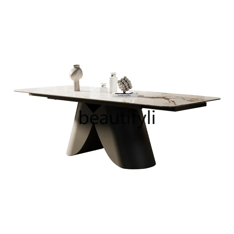 

Italian light luxury marble dining table and chair combination high-end villa retractable rectangular dining table