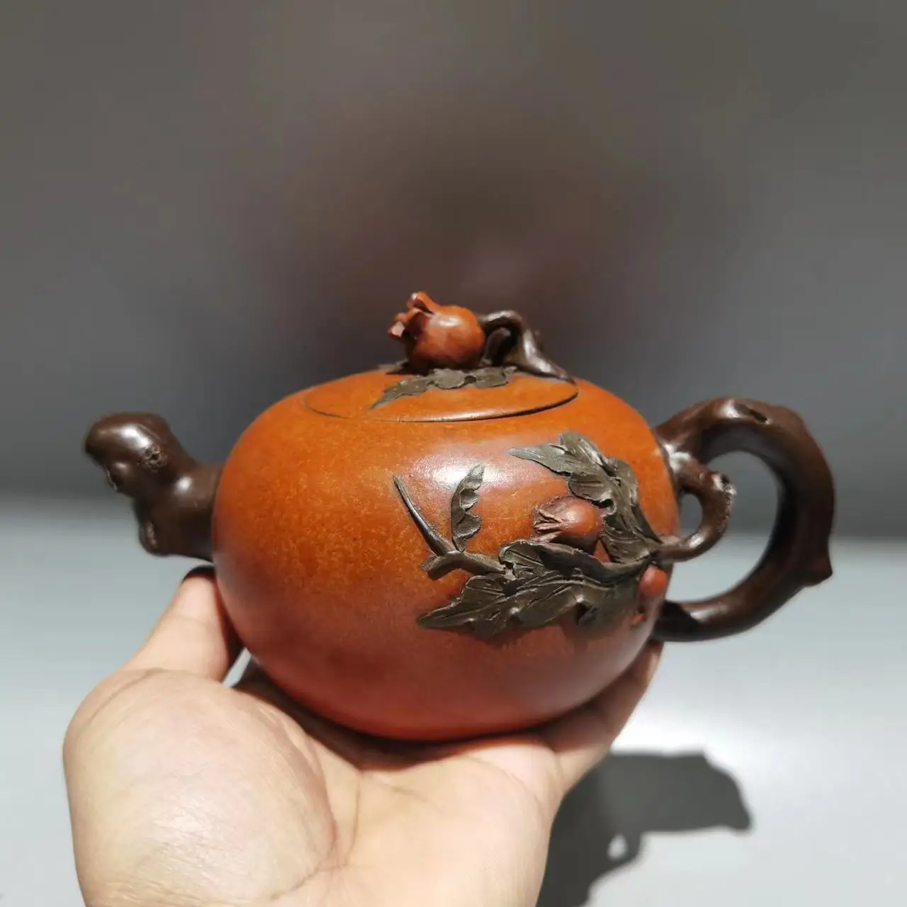 Old Chinese Handcraft Enameled  YiXing Zi Sha Clay  (yellow stoneware) Teapot,Pomegranates,with mark,Free shipping