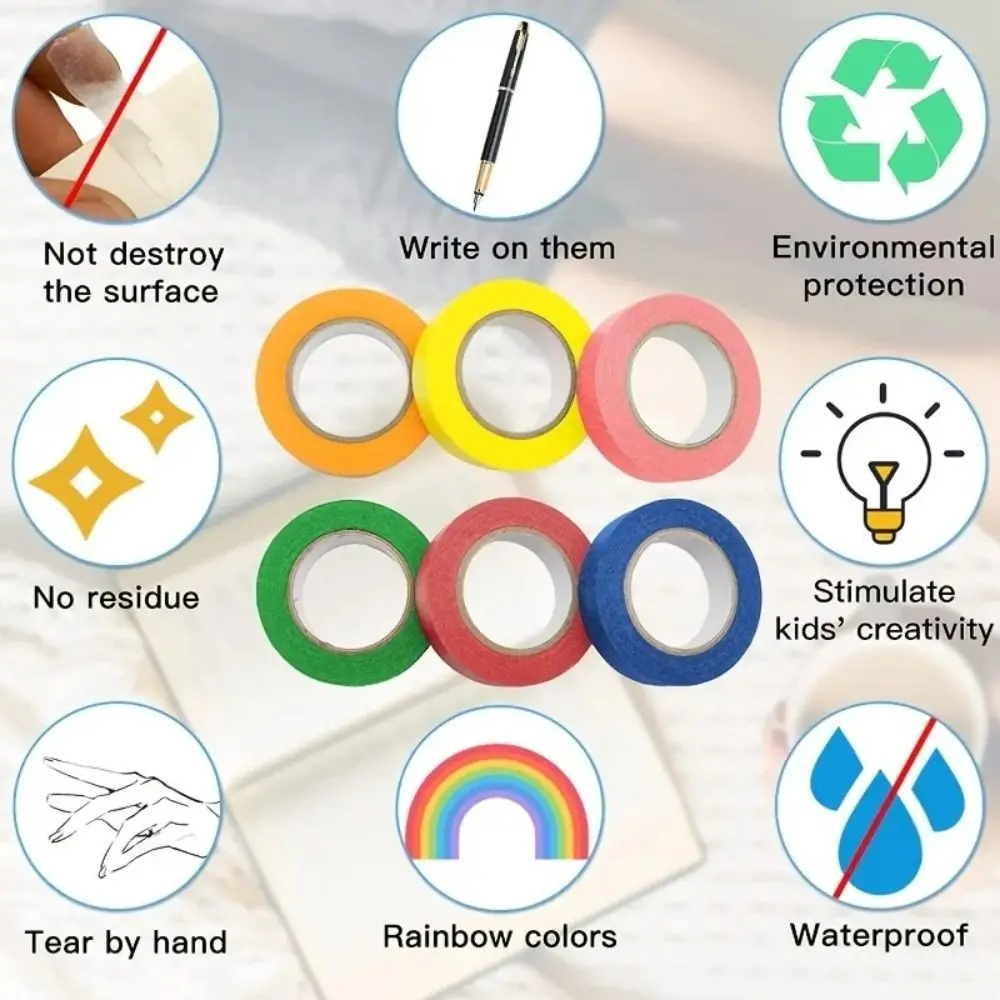 10 Rolls Adhesive Scrapbooking Tapes Cute Rainbow Solid Color Masking Tapes Multifunctional Paper Sticker Decorative Tape