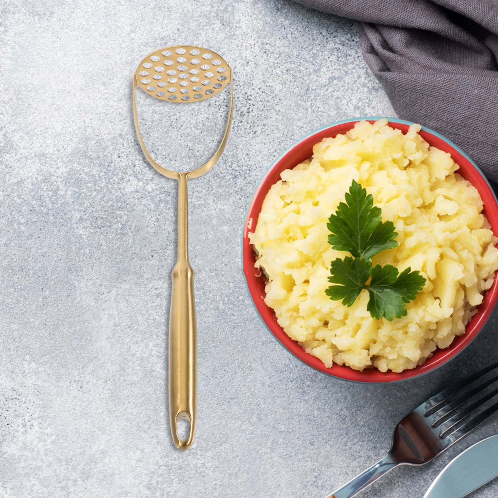 

Potatoes Kitchen Pulping Machine Masher Tool Hand Held Gadget Set Golden Stainless Steel
