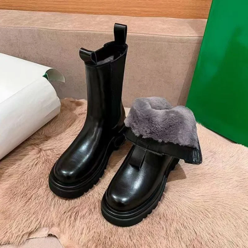 

Winter Boots Women Leather Fashion New Chelsea Boots Female Thick Plush Ankle Boots Woman Black Warm Fur Snow Boots Shoes