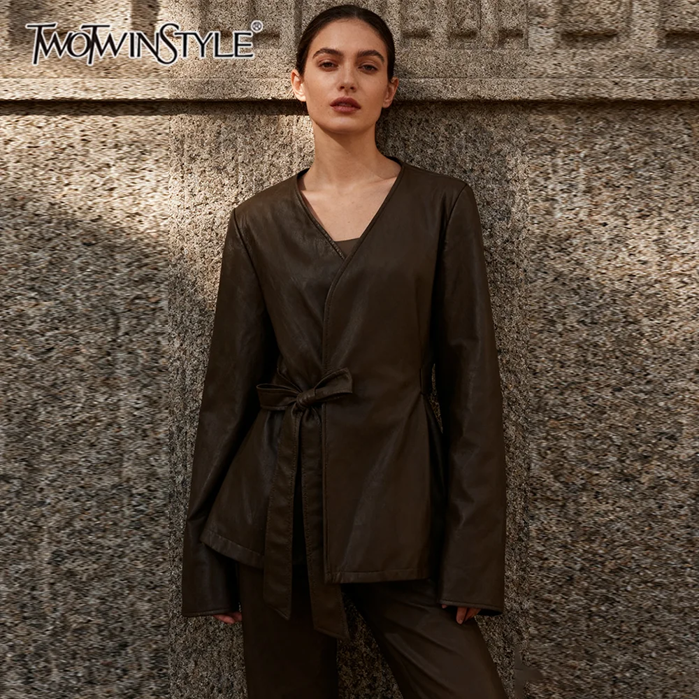 

TWOTWINSTYLE Solid Spliced Lace Up Fashion Jackets for Women V Neck Long Sleeves Minimalist Leather Jacket Female Clothing New