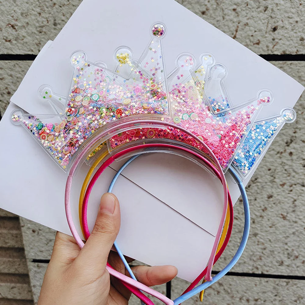 Cartoon Quicksand Crown Headbands for Children Kids Transparent Plastic Sequin Hairbands Bezel Hair Hoop Girl Hair Accessories