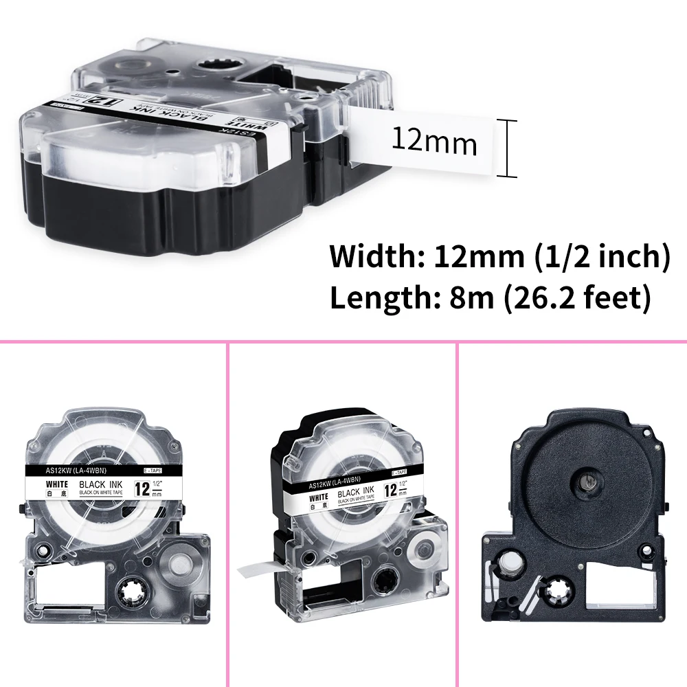 12mm Label Tape SS12KW ST12KW Compatible for Epson Lw400 LK-4WBN Cartridges Label Works LW-300 400 500 600P 700 Label Maker