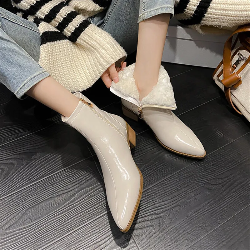 New Winter Split Leather Women Boots Pointed Toe Warm Wool Boots for Women Fashion Boots Concise Ladies Shoes Zapatos De Mujer