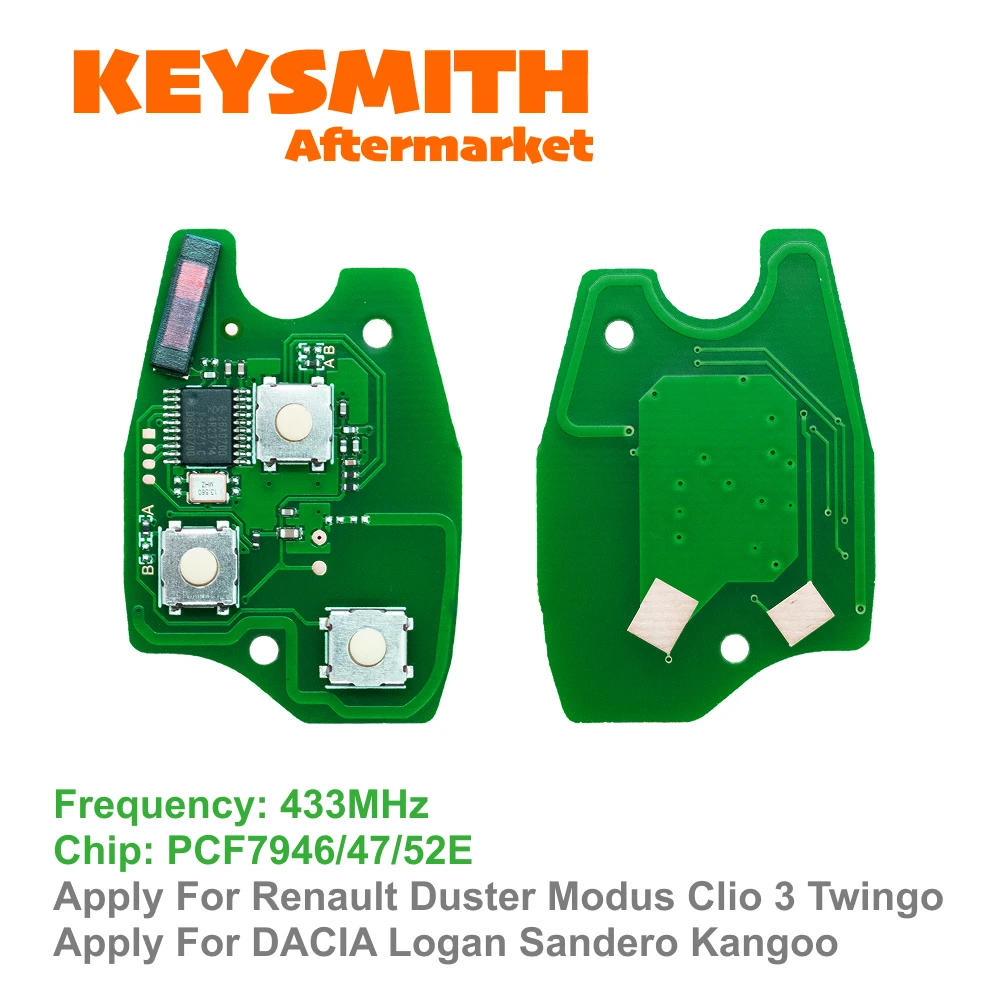 KEYSMITH Chiave Remota a 2 Pulsanti per Renault Duster Modus Clio 3 Twingo DACIA Logan Sandero Kangoo 433MHz Chip PCF79/46/47/52E