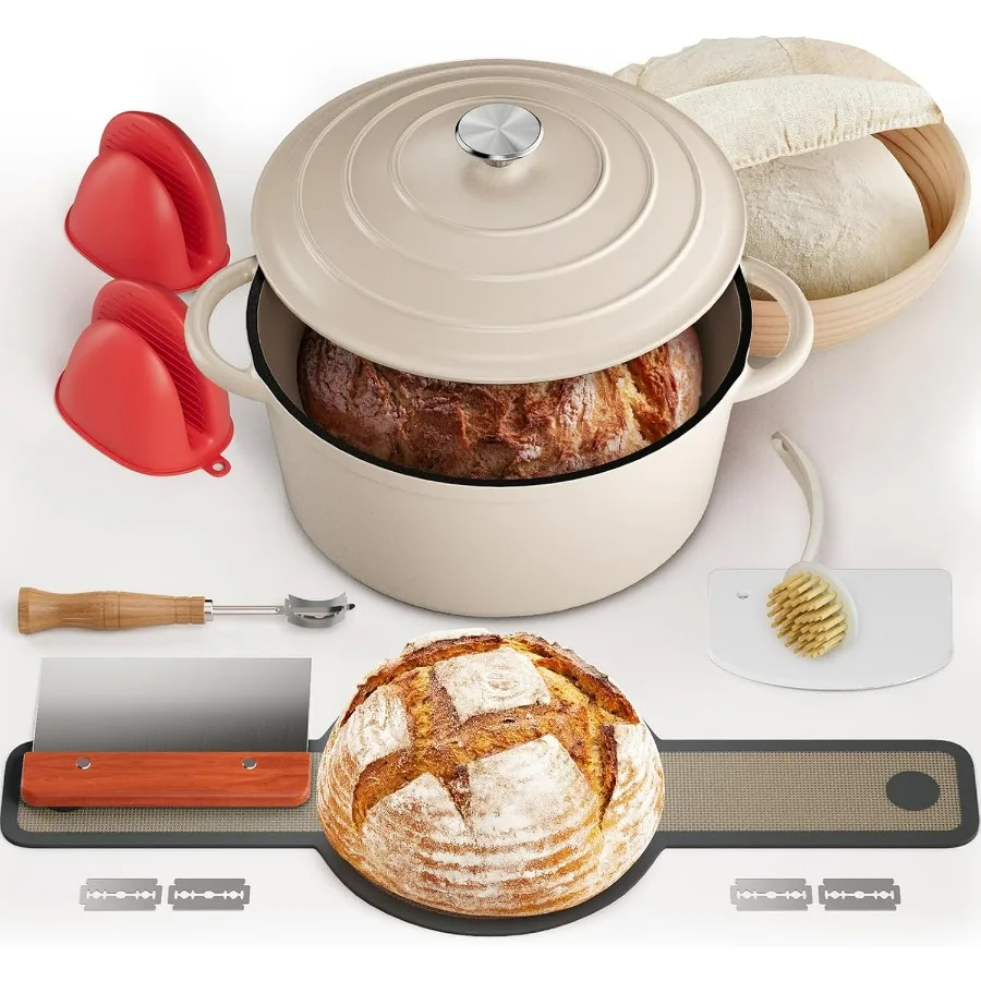 

Чугунная голландская духовка для выпечки хлеба с корзиной для расстойки хлеба Banneton, принадлежности для выпечки на ударе, 5QT, многофункциональная эмаль