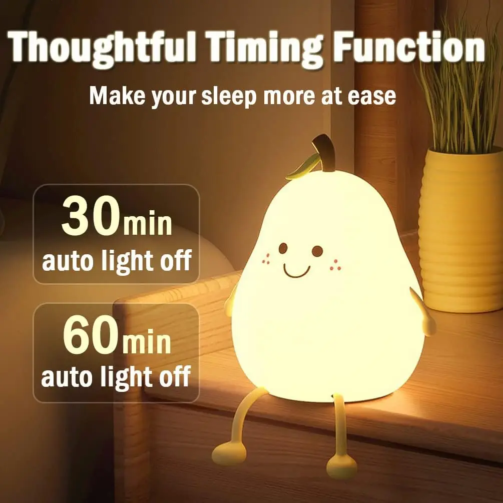 Cute Pear Durian Drumstick Night Light USB Rechargeable Nightlights Silicone Lamp Touch Switch Bedroom Decoration Birthday Gift